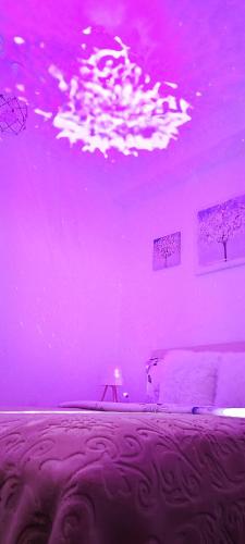 a purple room with a bed and a purple ceiling at Ridi's Comfort Apartment 2 in Shkodër