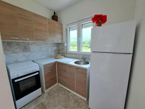 a kitchen with a white refrigerator and a sink at Guest house Green River in Ljubuški