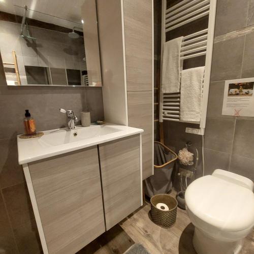 a bathroom with a white sink and a toilet at Les Arpents Verts in Momignies