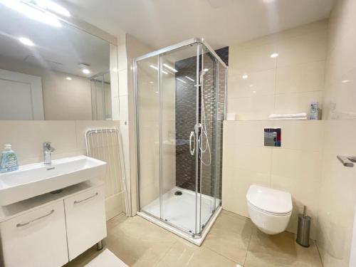 een badkamer met een douche, een toilet en een wastafel bij Washingtonova apartment 006 in Praag