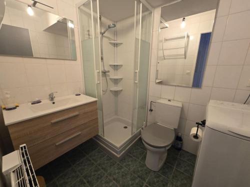 une salle de bain avec toilettes, douche et lavabo dans l'établissement La Violette, à Publier