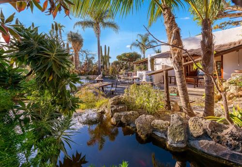 a house with palm trees and a pond at Villa Ravino Aparthotel in Ischia
