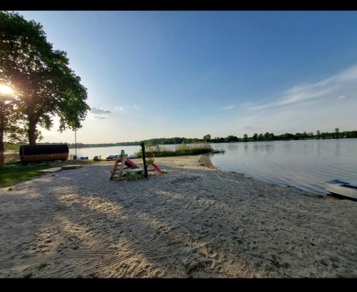 a person sitting on a bench on the shore of a lake at DOM GOŚCINNY NAD JEZIOREM BIAŁYM in Gorzewo