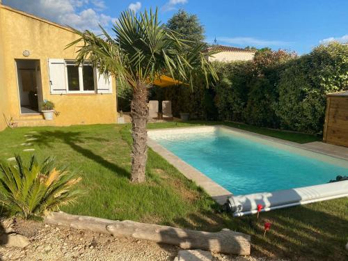 - une piscine avec un palmier à côté d'une maison dans l'établissement Maison avec piscine donnant sur les vignes, proche d'Uzes, à Valliguières