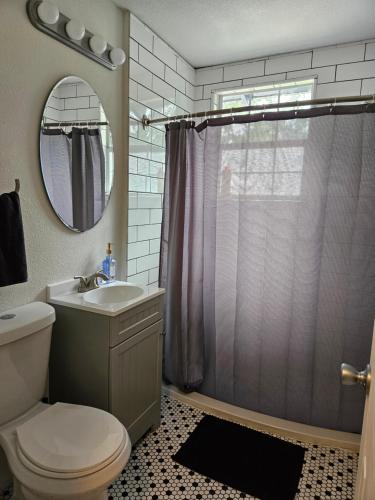 a bathroom with a shower and a toilet and a sink at A Secluded Urban Escape in Austin