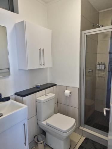a white bathroom with a toilet and a shower at City Junction Windhoek in Windhoek