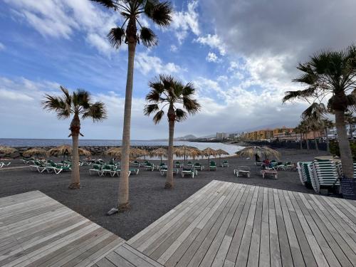 a group of palm trees and chairs on a beach at Alquilaencanarias Caletillas Vista al Mar in Candelaria