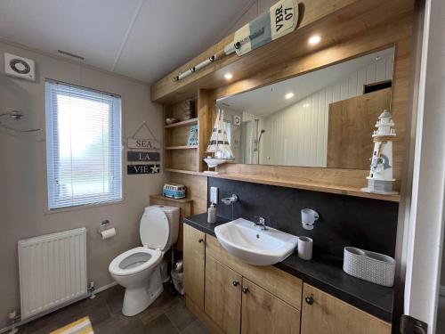 a bathroom with a toilet and a sink and a mirror at Kestral Court Lodge, Scratby - California Cliffs, Parkdean, sleeps 6, bed linen and towels included, wrap around decking - no pets in Scratby