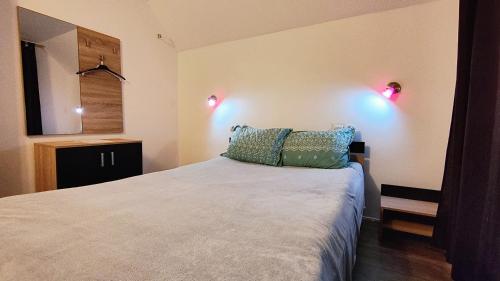 Un dormitorio con una cama con almohadas azules. en La Izvor Lepsa, en Lepşa