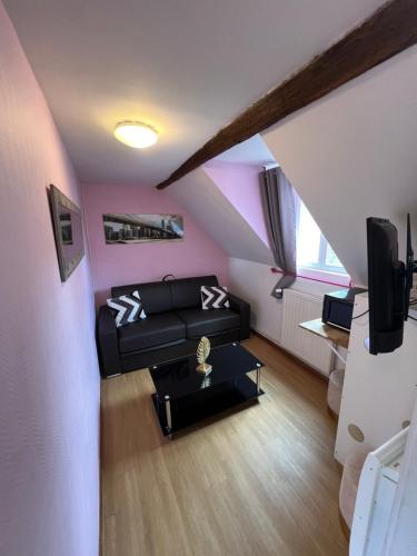 un salon avec un canapé noir et une télévision dans l'établissement Petit F2 fonctionnel plein centre et proche gare, à Bourges