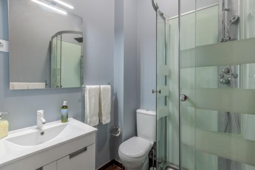 La salle de bains est pourvue de toilettes, d'un lavabo et d'une douche. dans l'établissement Porta 116, à Vila Real