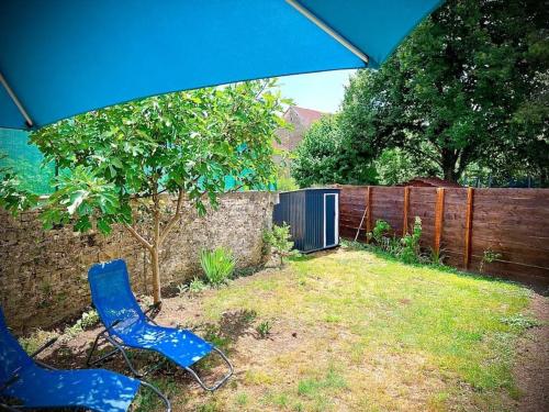 a blue chair sitting in a yard under an umbrella at Très bel appartement avec jardin et Jacuzzi in Scey-sur-Saône-et-Saint-Albin