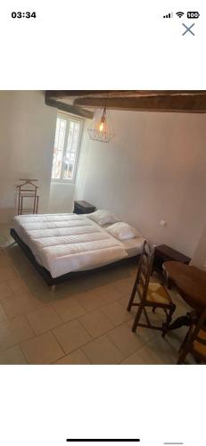 een slaapkamer met een bed, een tafel en een stoel bij Les cahutes in Trémolat