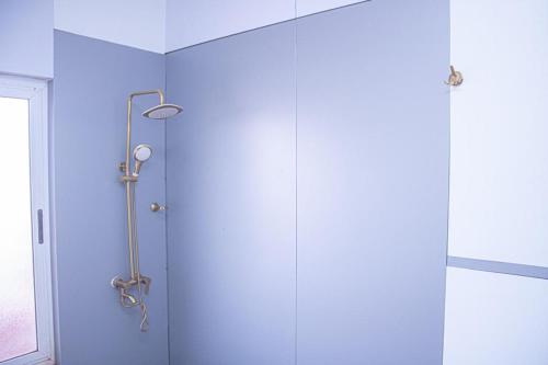 a shower in a bathroom with a blue wall at Résidence GESAM in Sabalibougou