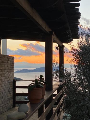 a sunset from the porch of a house with a plant at Melolia Estate in Thiva
