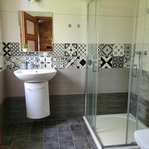 a bathroom with a sink and a shower at Chloumek in Bělá