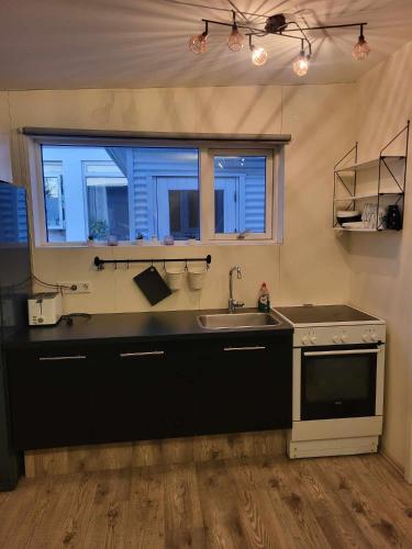 uma cozinha com um lavatório e um fogão em Vallholt em Selfoss