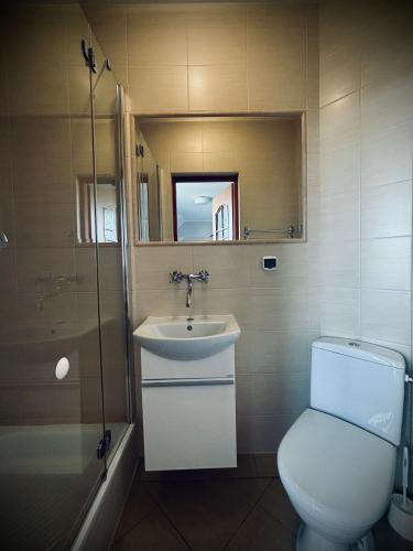 ブワディスワボボにあるWilla Aleksandra White Gloveのバスルーム(トイレ、洗面台、鏡付)