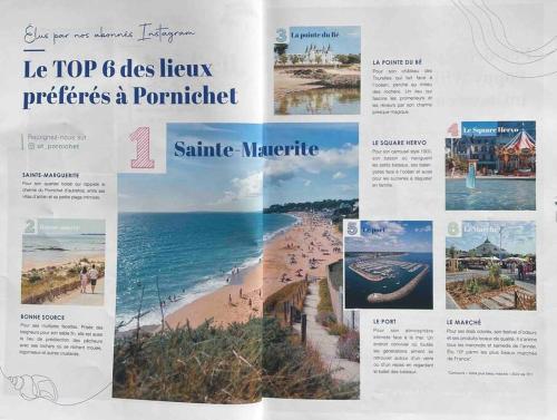 a page of a magazine with photos of a beach at Joli studio au calme en bord de mer #pornichouette in Pornichet