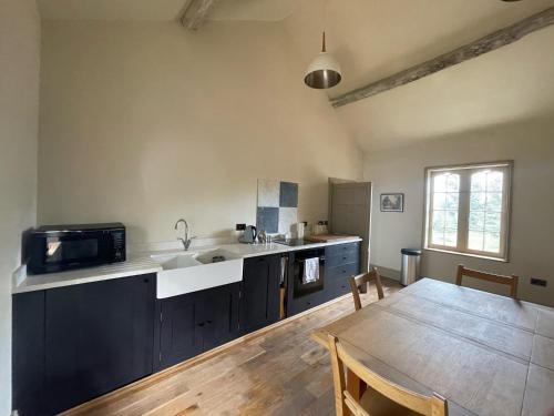 uma cozinha com um lavatório e uma mesa num quarto em Apartment at Llanerchydol Hall em Welshpool