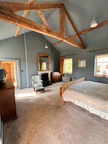 a large bedroom with a bed and a fireplace at Apartment at Llanerchydol Hall in Welshpool
