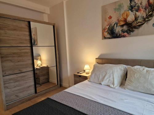 a bedroom with a bed and a large mirror at Holiday in Trebinje Apartment in Trebinje