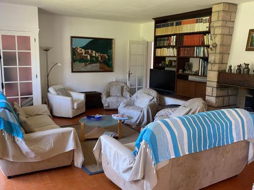 un salon avec des canapés et une cheminée dans l'établissement Villa landaise proche lac d’Hossegor et océan, à Soorts-Hossegor