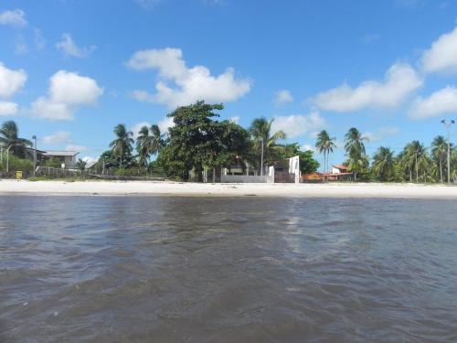 Casa a Beira mar na Barra do Serinhaem Ituberá - Bahia - Brasil في Sirinhaém: اطلالة على شاطئ فيه نخل وماء