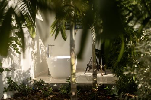 La salle de bains est pourvue d'une baignoire installée à côté d'un palmier. dans l'établissement Villa Mahogany, à Les Anses-d'Arlet