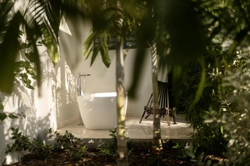 un bagno con una vasca da bagno accanto a una palma di Villa Mahogany a Les Anses-d'Arlets