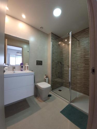 a bathroom with a shower and a toilet and a sink at Chalet adosado acogedor Busot in Alicante