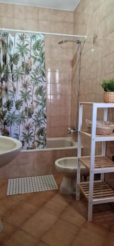 uma casa de banho com um chuveiro, um WC e um lavatório. em Apartamento Vistas Olas del Mar & Playa Raxó em Raxó