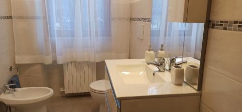 La salle de bains est pourvue d'un lavabo, de toilettes et d'un miroir. dans l'établissement SeaGarden Apartment, à Livourne