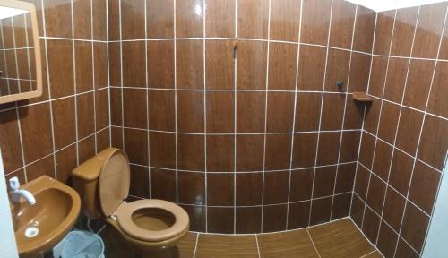 a bathroom with a toilet and a sink at Hotel Primu's in Novo Airão