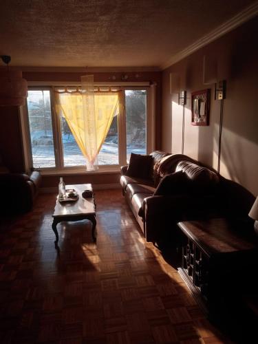 een woonkamer met een bank, een tafel en een raam bij Sofa cum Bed in Living Room Shared Space in Mississauga