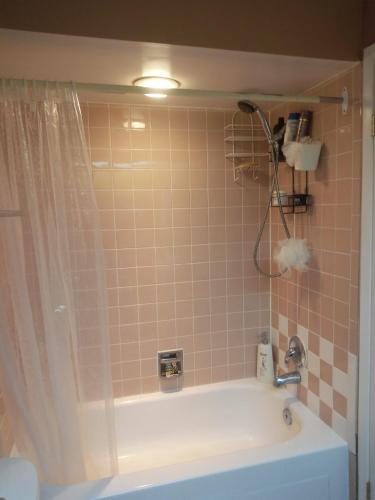 een badkamer met een douche, een bad en een wastafel bij Sofa cum Bed in Living Room Shared Space in Mississauga