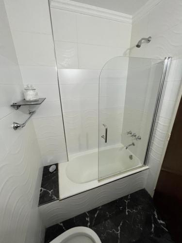 y baño blanco con ducha y aseo. en Cálido y Amplio Apartamento en Belgrano en Buenos Aires