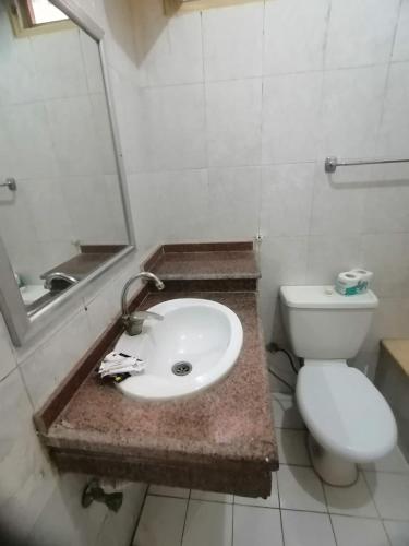 a bathroom with a sink and a toilet and a mirror at Rezeiky Hotel & Camp in Luxor