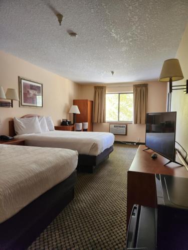 シルバーソーンにあるLuxury Inn & Suitesのベッド2台、薄型テレビが備わるホテルルームです。