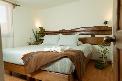 a bedroom with a bed with a wooden headboard at Hotel y Restaurant Doña Rode in Andacollo
