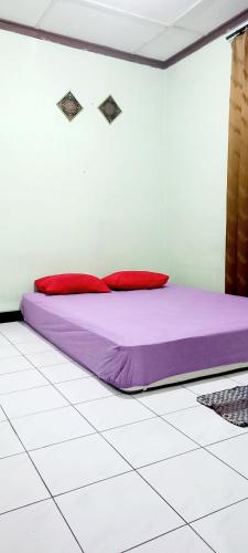 een bed in een kamer met paarse en rode kussens bij HOMESTAY SYARIAH ENDRA JATI in Tjepit