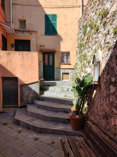 a building with stairs with a green door and a plant at Camera tra le Cinque Terre, Camogli e Portofino. Vista valle e scorcio mare all'orizzonte in Castiglione Chiavarese
