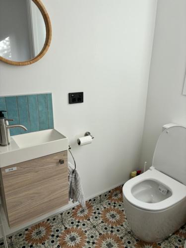 a bathroom with a toilet and a sink and a mirror at The Lighthouse - Boathouse Bay in Auckland