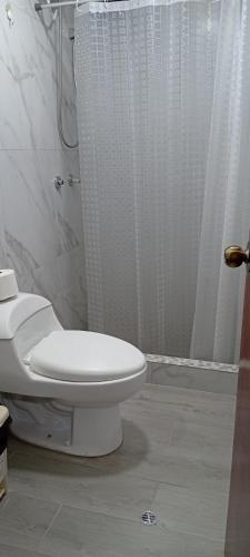 uma casa de banho com um WC branco e um chuveiro em Santa Ursula Departamento em San Sebastián