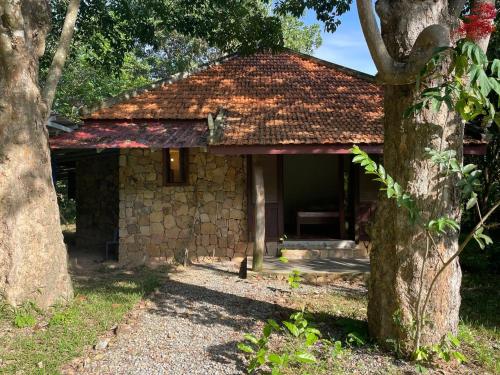 - un petit bâtiment en pierre avec un arbre à côté dans l'établissement Chandara estate kep, à Kep