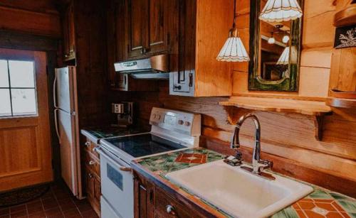 a kitchen with a sink and a refrigerator at Gîte de l'herboriste in Sainte-Rose-du-Nord