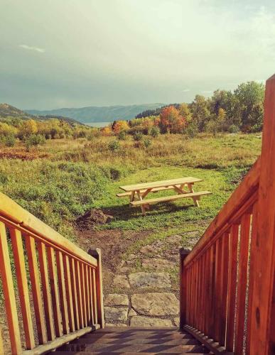 a wooden picnic table sitting on top of a field at Gîte de l'herboriste in Sainte-Rose-du-Nord