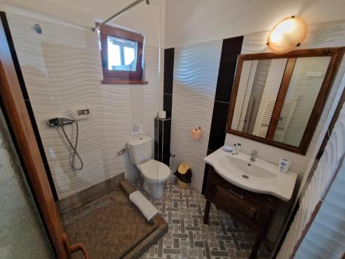 uma casa de banho com um chuveiro, um WC e um lavatório. em Gulliver Delta Resort em Murighiol