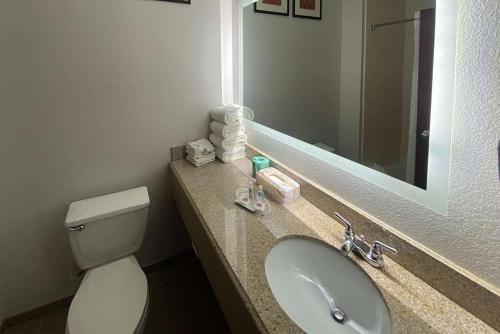 a bathroom with a sink and a toilet and a mirror at Round rock hotel in Round Rock