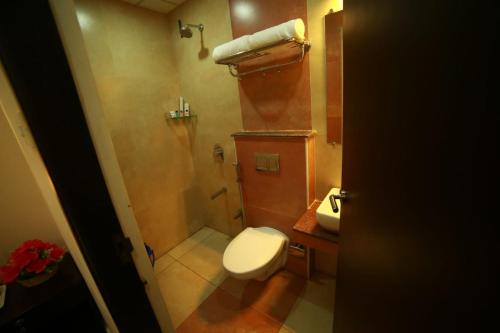a small bathroom with a toilet and a shower at SAPPHIRE INN in Puducherry